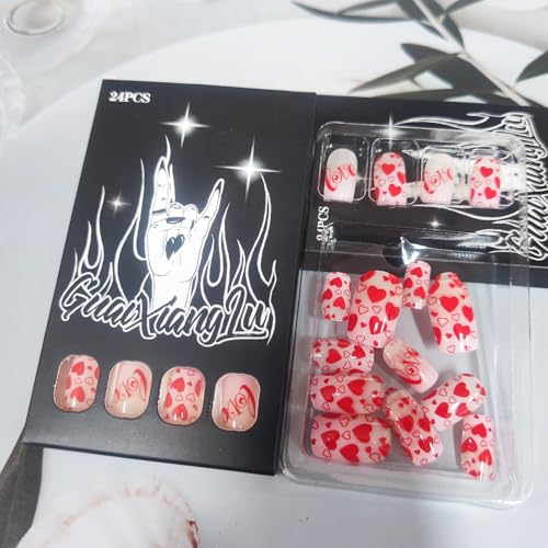 Red Love Heart Press on Nails Pink Ombre Square Fake Nails 24Pcs