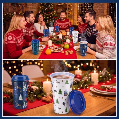 Christmas Train Plastic Coffee Cups 16 oz with Lids - 25 Pack - Blue Winter Design
