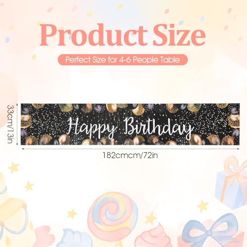 Happy Birthday Table Runner - 72x13in Black Gold Decor