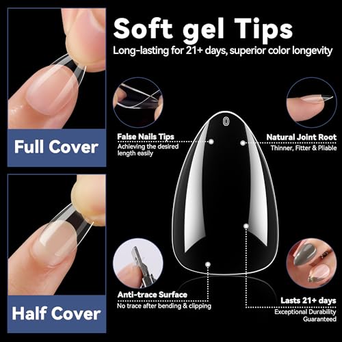 UNA GELLA Short Almond Gel Nail Tips - 216 Pcs Clear Soft Acrylic Full Cover Fake Nails for DIY Home Extension