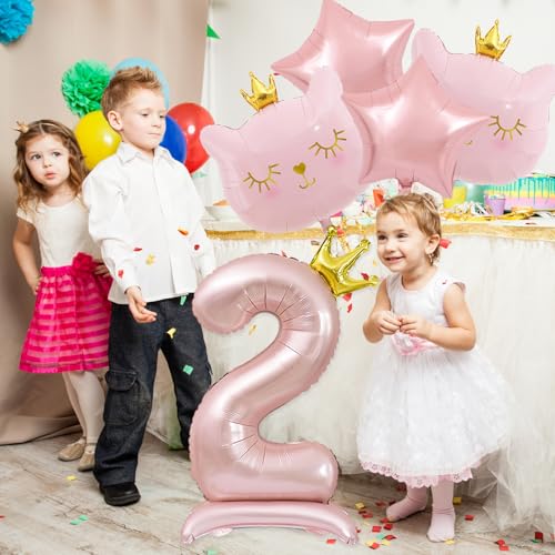 Pink Cat Balloon Set for 2nd Birthday Party - Crown Cat Foil Balloon Kit