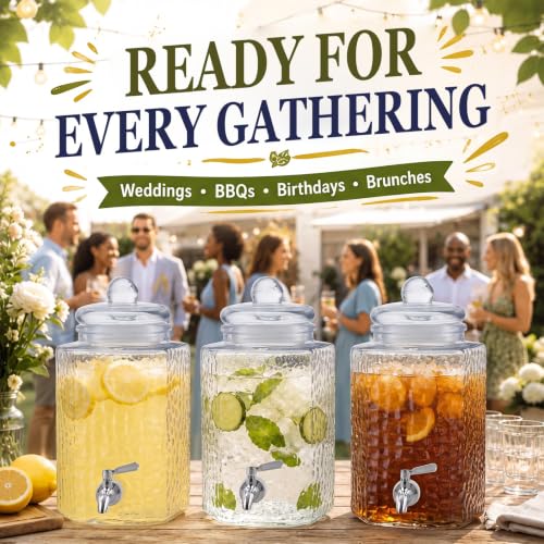 Tiangrid 3 Pack 1.5 Gallon Glass Drink Dispensers for Parties - Hammered Design