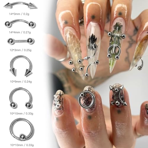 50Pcs Gothic Nail Charms Y2k Silver Piercing Spikes & Rhinestones