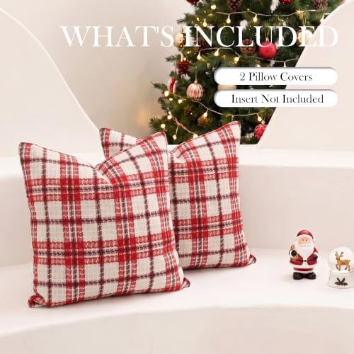 Red Plaid Waffle Textured Christmas Pillow Covers 22x22 - Pack of 2