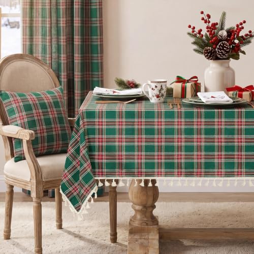 Christmas Plaid Tassel Tablecloth - Green 55 x 70 Inches - Softalker