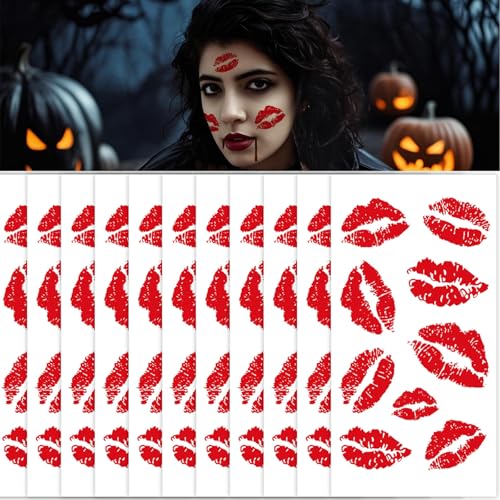 DEXUHE Red Lip Kiss Temporary Tattoos - 108 Pcs Waterproof Fake Lip Print Stickers for Halloween and Parties