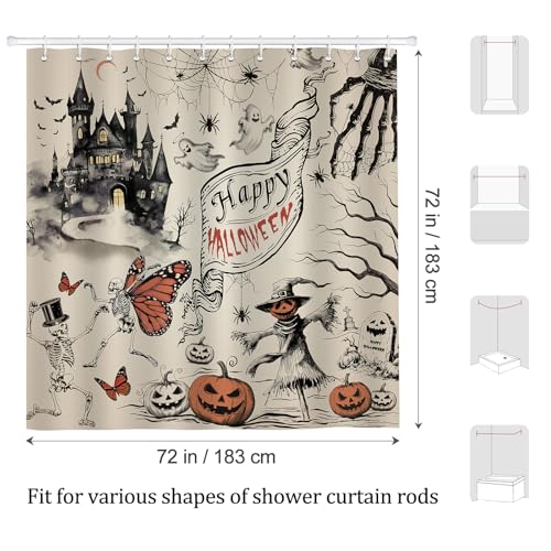 Vintage Halloween Shower Curtain, Spooky Gothic Castle Design 72x72