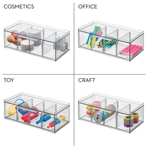 iDesign XL Storage Drawer Organizer for Counter or Cabinet, 4-Section, Clear, 4-Pack