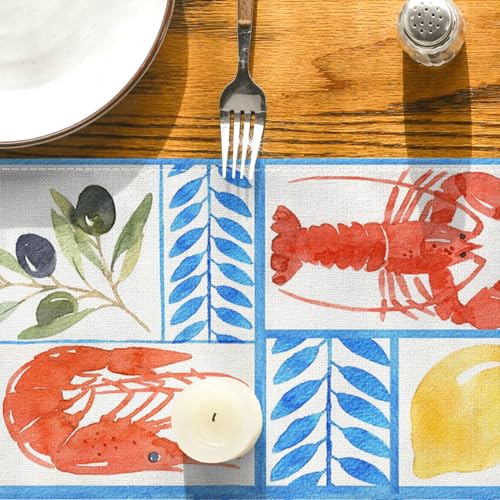 Cyan-Blue Linen Table Runner 13 x 72 Inch Crawfish Pattern
