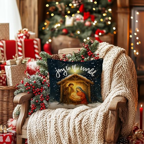 AACORS 18x18 Inch Christmas Pillow Cover Joy to The World Jesus Holiday Farmhouse Decor