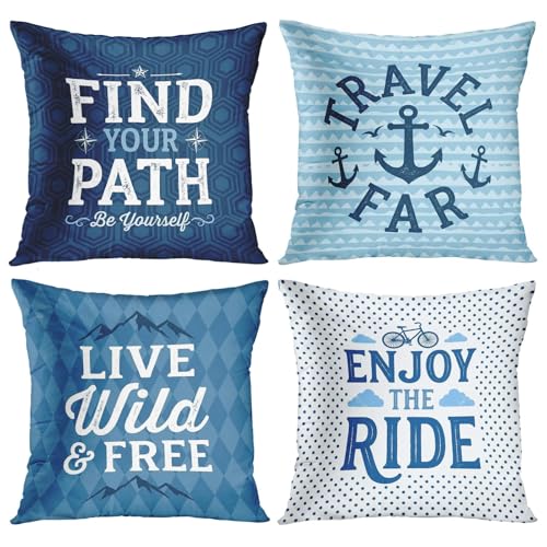 Cosovia 18x18 Inch Blue Nautical Quote Throw Pillow Covers, Set of 4