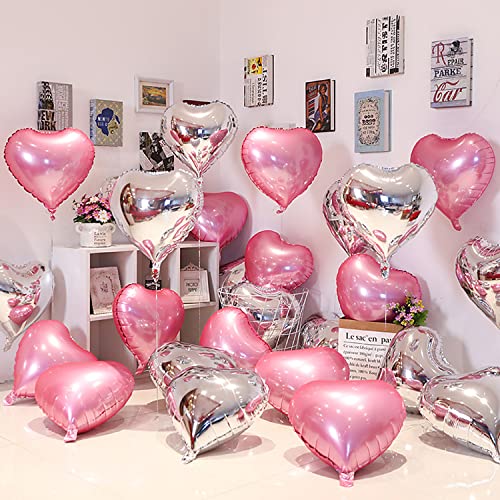 Larber 20PCS 18" Pink & Silver Heart Foil Balloons for Party Decor