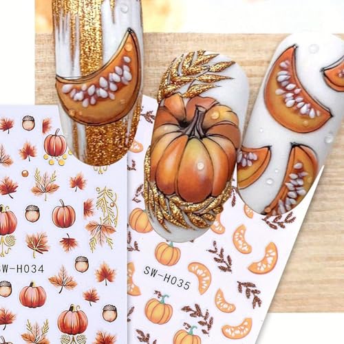 Fall Nail Stickers 3D Thanksgiving Pumpkin Autumn Leaves Decals 4 Sheets