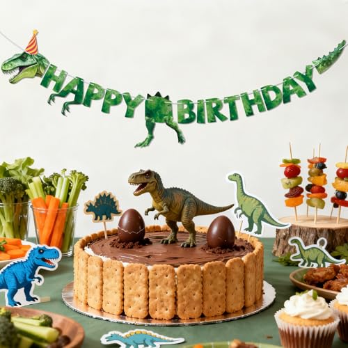 Dinosaur Happy Birthday Banner - Watercolor Green T-Rex Party Decoration