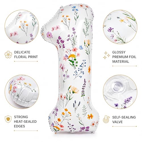 40-Inch Floral Number 1 Balloon for Baby Girl's 1st Birthday