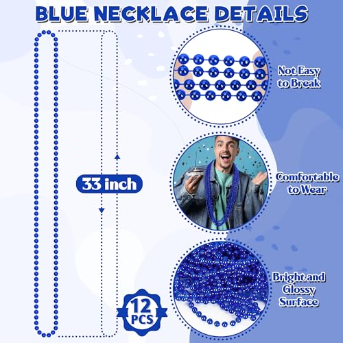 12 Pcs 33-Inch Blue Bead Necklaces - Graduation & Party Favors