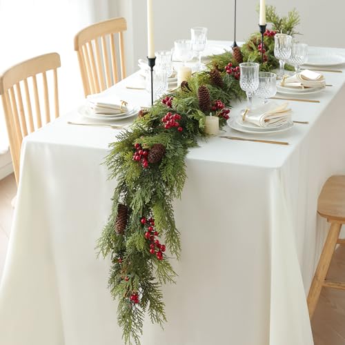 Artificial Pine Garland 6 Feet with Pinecones & Berries - Christmas Decor, Pine Mix