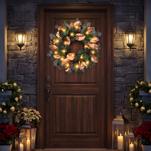 Magnolia 26 Inch Battery Operated Christmas Wreath with Lights - Prelit Cedar Door Decor