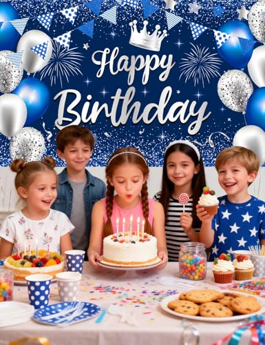 Blue Happy Birthday Backdrop Banner - 73" x 43" Large Fabric Poster