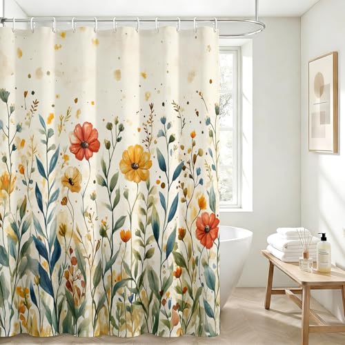 Boho Floral Shower Curtain - Vintage Beige Polyester Fabric, 72x72 Inch