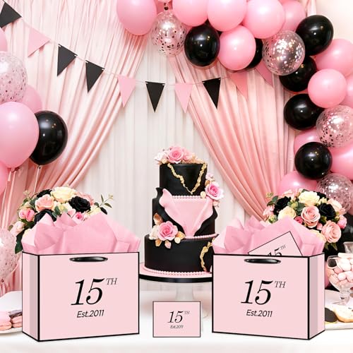15th Birthday Gift Bag for Girls, Large Pink & Black Est. 2011 Present Bag with Card and Tissue Paper