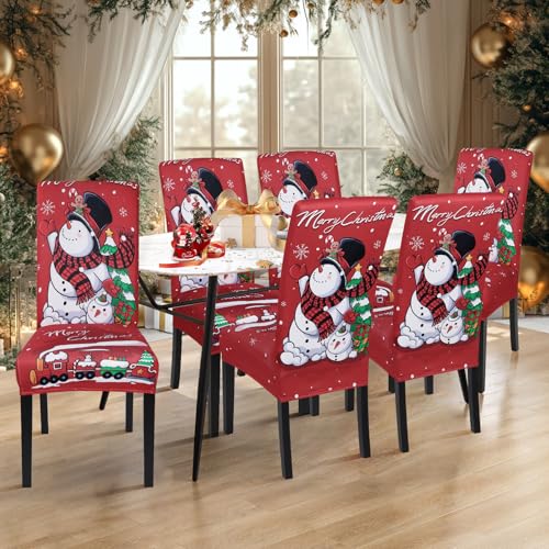 Christmas Snowman Chair Covers Set of 6 - Holiday Kitchen Slipcovers