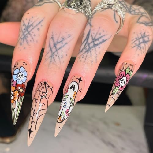 Halloween Press on Nails Almond Shape Ghost Spider Web False Nails Kit
