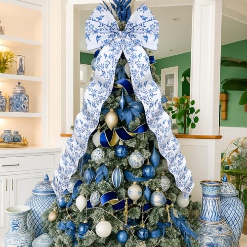 Extra Large Blue and White Christmas Bow Tree Topper 47 x 20 Inches - Elegant Holiday Decor
