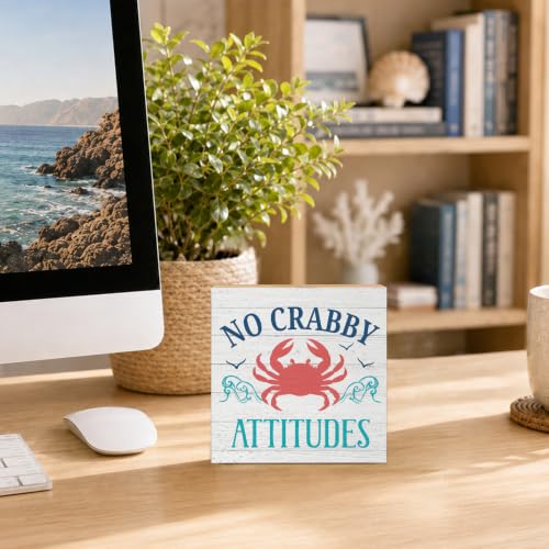 No Crabby Attitudes Wooden Box Sign - Coastal Beach Decor 5.9x5.9in