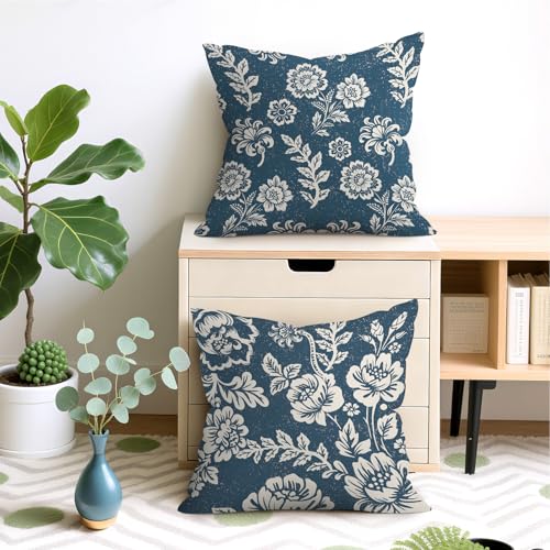 Navy Blue Floral Velvet Throw Pillow Covers - Set of 4, 18x18