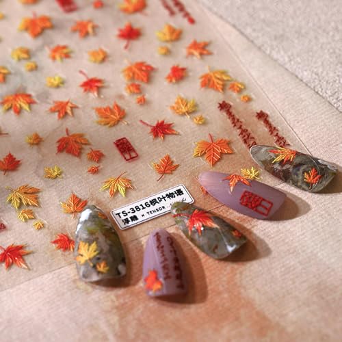 Quezadyl 5D Embossed Fall Maple Leaf Nail Art Stickers Self-Adhesive Decals
