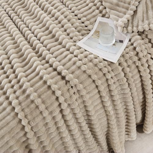 Khaki Striped Throw Blanket 50x60 inches - Plush Fleece for Couch