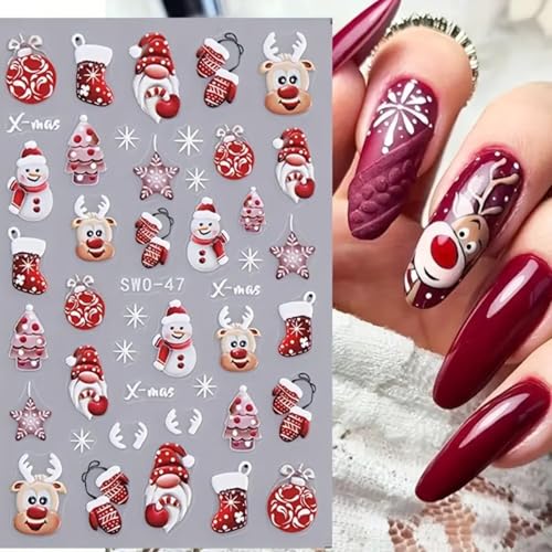 FRUZJAY 5D Embossed Christmas Nail Art Stickers Winter Decals 2 Sheets