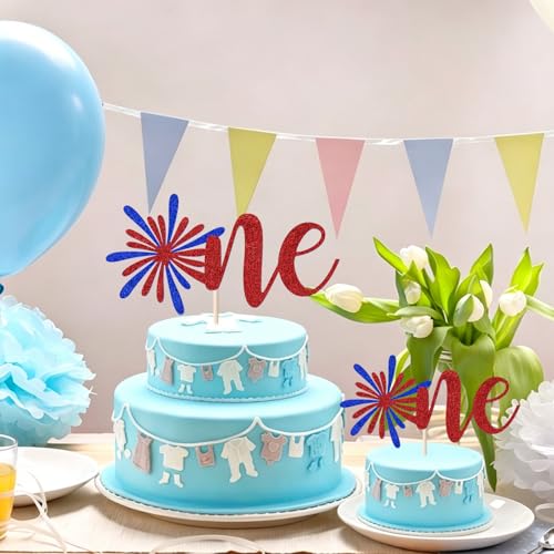 4th of July Cake Toppers - Red, White & Blue Glitter Set for 1st Birthday