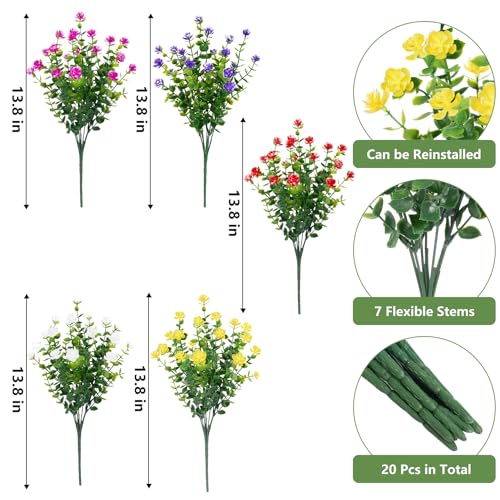 Bassion 20-Bundle Multicolor Artificial Flowers, UV Resistant Faux Plants