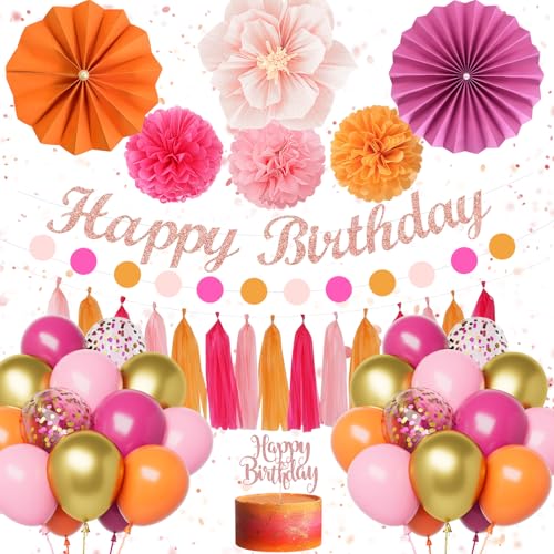 Pink Orange Birthday Decorations Kit for Women & Girls - Peach Gold Balloons, Banner, Cake Topper & Pom Poms