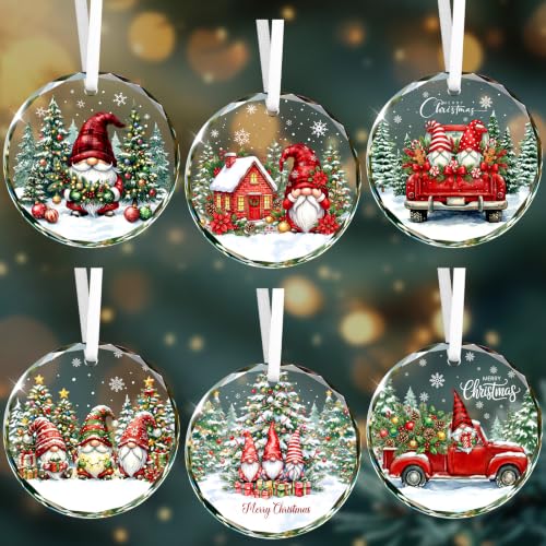 Crystal Glass Christmas Ornament Set - Gnomes, 6 Pack Holiday Decorations