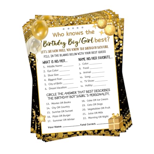 30 Birthday Game Cards - Who Knows the Birthday Star Best? (Black Gold)
