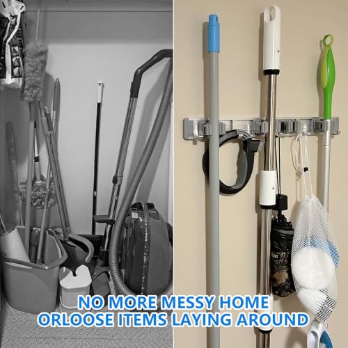 Reliahom 1 Pack Broom Holder Wall Mount with 4 Racks & 5 Hooks - Gray