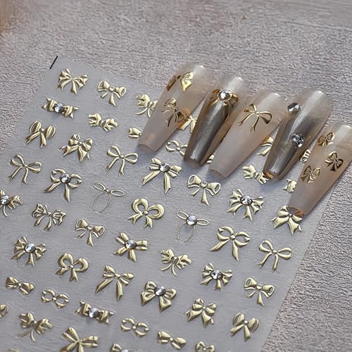 5D Embossed Gold Bow Nail Stickers Self-Adhesive Ribbon Decals