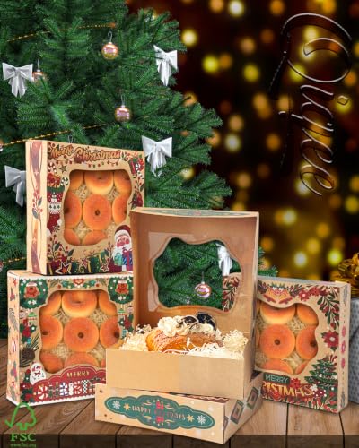 Christmas Kraft Cookie Boxes with Window - 12 Pack, 10x10x2.5 Inch Bakery Gift Boxes - Christmas Gifts