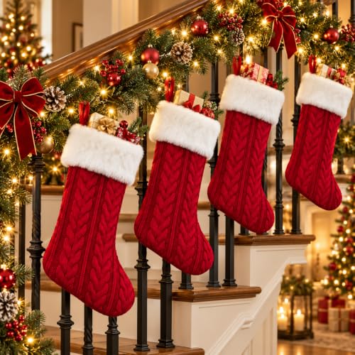Red Knitted Christmas Stocking Set - White & Red Festive Holiday Decor