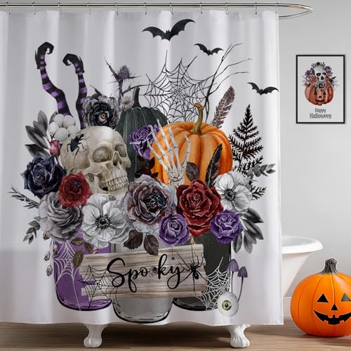 Mocsicka Purple Halloween Pumpkin Skeleton Witch Shower Curtain - 71x71 inch