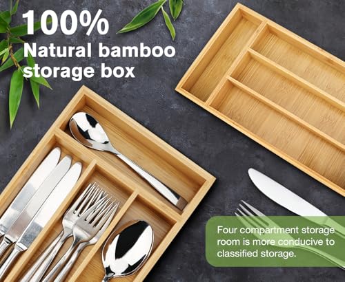 Silverware Drawer Organizer Bamboo Cutlery Tray with Grooved Dividers