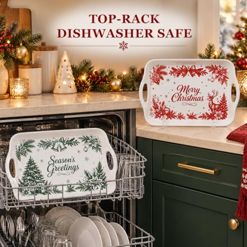 Christmas Melamine Serving Trays with Handles - 16 x 11.4 Inches Set of 2 - Festive Holiday Pattern