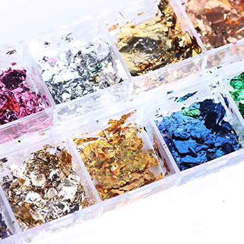 Vezocim Holographic Nail Art Foil Flakes, 12 Colors Sparkly Ultra-Thin Laser Sequins for Acrylic Nails and Manicure DIY