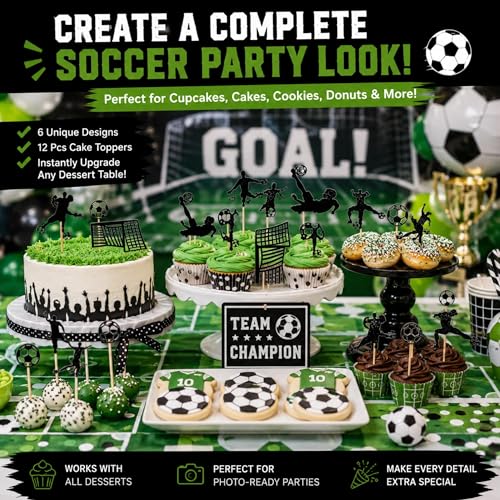 Soccer Cupcake Toppers - 12 Pcs Black Glitter Birthday Party Decor