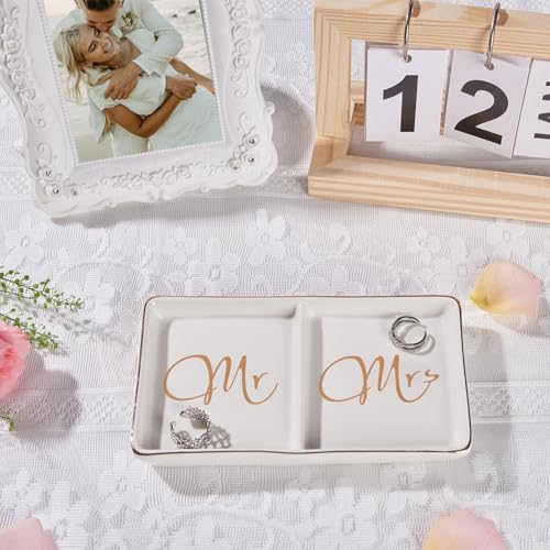 Mr. & Mrs. Ceramic Ring Dish - Engagement Gift for Couples, Wedding Ring Tray