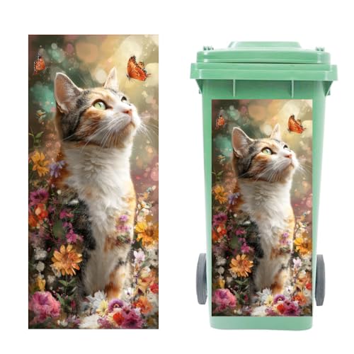 Cat and Butterfly Trash Can Sticker - 15x32 Inch PVC Decal