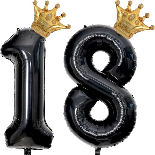 Florisland 40 Inch Black & Gold Number 18 Balloon with Crown for 18th Birthday Party Decorations